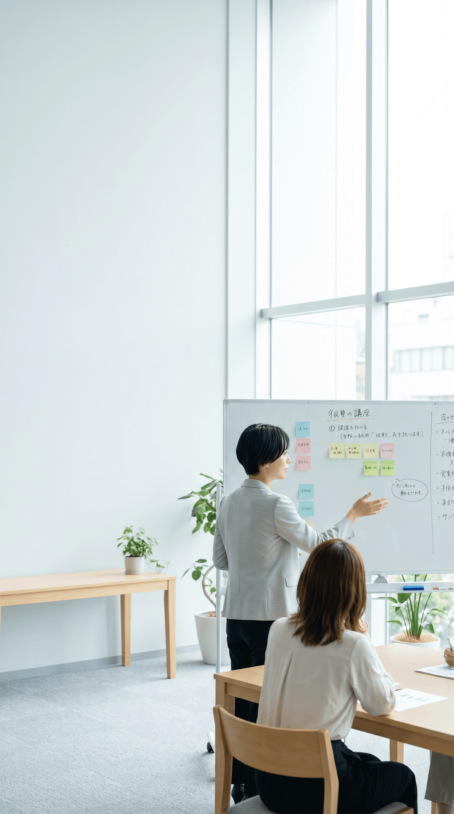 白い壁の前でホワイトボードを説明するメンバーと聞くメンバー